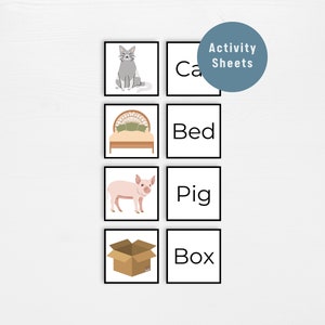 May include: A set of printable activity sheets with images and words for children. The images include a cat, a bed, a pig, and a box. The words are "Cat", "Bed", "Pig", and "Box".