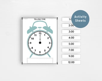 May include: A printable worksheet for learning to tell time. A blue alarm clock with black hands is shown at 12:00. The worksheet includes a blank space for writing the time and a list of times from 1:00 to 12:00.