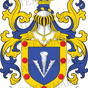 Könnte beinhalten: Ein blaues und goldenes Wappen mit einem Helmzier, der einen blauen Adler mit einer goldenen Krone zeigt. Der Schild ist blau mit einem goldenen Rand und zeigt einen weißen Speer mit einer goldenen Spitze. Der Schild ist von einem goldenen und blauen Band mit dem Wort "SHARP" in schwarzen Buchstaben umgeben.