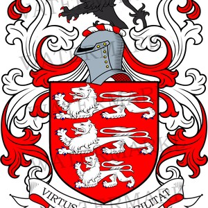 May include: A coat of arms featuring a red shield with three white lions passant guardant. Above the shield is a silver helmet and a black lion crest. The design includes red and white mantling and a banner with the text VIRTUS OMNIA NOBILITAT GRIFFITH.