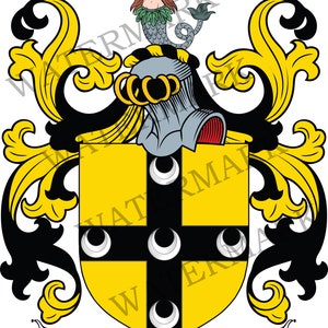 May include: A yellow and black coat of arms with a crest featuring a mermaid holding a mirror and a comb. The shield has a black cross with five white crescent moons. The text "ELLIS" is on a scroll at the bottom.