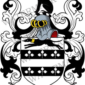 Könnte beinhalten: Schwarz-weißes Wappen mit einem schwarzen Hund, einem Helm mit goldenen Ringen und dem Wort "PALMER" auf einer roten Schriftrolle.