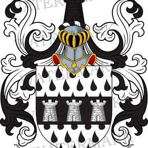 May include: Black and white coat of arms with a crest featuring a griffin holding a sword. The shield is divided into three sections with three towers in the center and teardrop shapes in the top and bottom sections. The text "HIGGINS" is displayed on a scroll at the bottom.