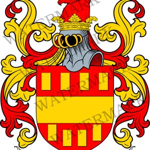 Puede incluir: Un escudo de armas rojo y dorado con una cresta de león y un escudo con rayas amarillas y rojas. El escudo está rodeado de un rollo rojo y dorado con la palabra "MAY" escrita en negro.