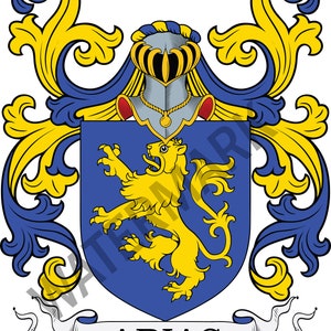 Puede incluir: Un escudo de armas heráldico azul y dorado con un león rampante y un casco con una cresta. El texto "ARIAS" se muestra en una pancarta blanca debajo del escudo.
