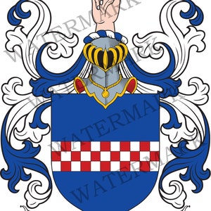 May include: A blue and white coat of arms with a red and white chequered pattern. The crest features a hand raised in a gesture of blessing. The name "BOYD" is displayed on a scroll at the bottom.