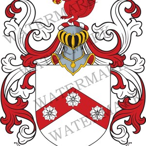 May include: A detailed heraldic crest. A red squirrel with a nut sits above a helmet. The shield displays a red chevron with three white roses, and the name "GILBERT" is on a banner.