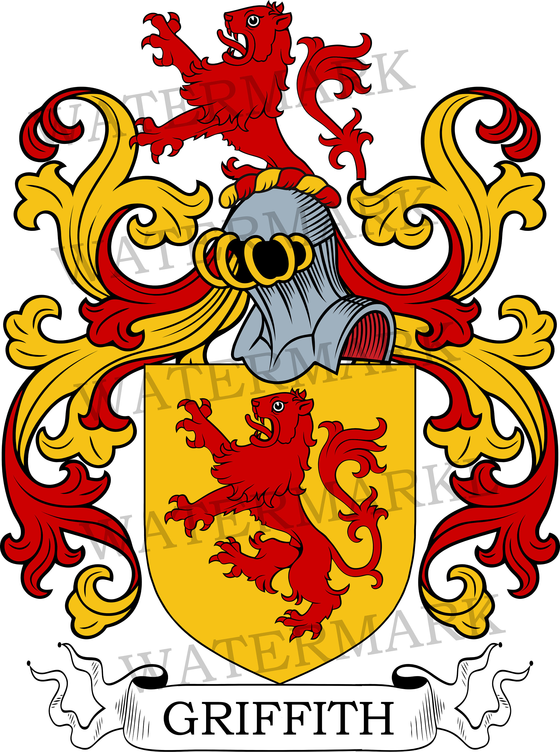May include: A coat of arms featuring a yellow shield with a red lion rampant. Above the shield sits a grey knight's helmet topped with a red lion crest. Ornate red and gold mantling surrounds the shield. A white scroll at the bottom reads GRIFFITH.