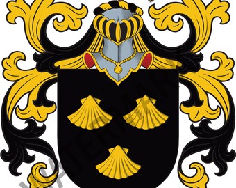 May include: A black and gold coat of arms with a beaver on top and three stylized seashells on the shield. The text "BROOKS" is written on a banner below the shield.
