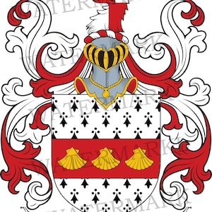 May include: A heraldic crest featuring a red and white eagle, a knight's helmet, and a shield with a black and white pattern, a red stripe with three gold shells, and the name "INGRAM" on a banner.