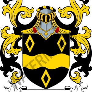 Puede incluir: Un escudo de armas negro y dorado con una cresta que presenta un casco y un escudo amarillo y negro con cuatro diamantes amarillos. El escudo está rodeado por un rollo amarillo y negro con la palabra "MITCHELL" escrita en negro.