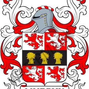 May include: A coat of arms with a red and white shield featuring three sheaves of wheat and four lions. The shield is surrounded by a crest with a helmet and a scroll with the word "MURPHY" at the bottom.
