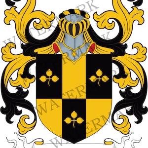 Puede incluir: Un escudo de armas negro y dorado con un casco y una pancarta que dice "SIMMONS". El escudo de armas presenta un patrón de cuadros con tres hojas estilizadas en cada esquina.