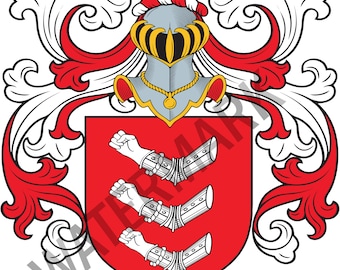 May include: A red and white coat of arms with a helmet and three raised arms in armor. The arms are holding a sword. The text "ARMSTRONG" is displayed below the coat of arms.