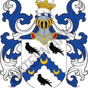 May include: A heraldic crest featuring a detailed eagle with a crown atop a helmet. The shield displays black birds and gold crescents on a blue background. The name "WATSON" is displayed on a banner below.
