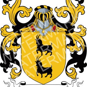 May include: A heraldic coat of arms featuring a yellow shield with two black goats, topped by a silver helmet and ornate gold and black mantling. A white scroll at the bottom displays the name CABRERA in black capital letters.