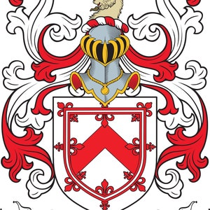 May include: A coat of arms featuring a red and white shield with a red chevron. The shield is surrounded by a crest with a white goat's head and a helmet. The crest is flanked by two red and white scrolls. The text "FLEMING" is displayed on a scroll at the bottom of the image.