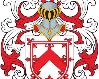 May include: A coat of arms with a red and white shield featuring a red chevron. The shield is surrounded by a crest with a white goat's head and a helmet. The crest is flanked by two red and white scrolls. The text "FLEMING" is displayed on a scroll at the bottom of the image.