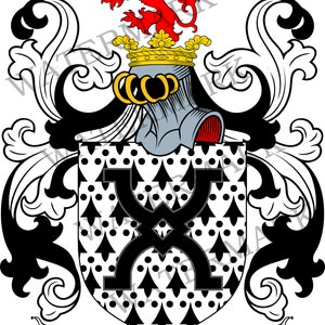 May include: Black and white coat of arms with a red lion and a gold crown. The shield features a black X on a white background with a black and white pattern. The text "MILLS" is on a white scroll at the bottom.