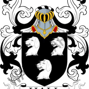 Peut inclure: Armoiries en noir et blanc avec une crête ornée d'un casque et d'une couronne dorée. Le bouclier présente trois têtes de chiens blancs sur fond noir. Le texte "HALL" est affiché sur une bannière blanche sous le bouclier.