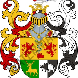 May include: A heraldic coat of arms with a shield divided into four sections. The top left section features two red lions facing each other, the top right section features a green snake wrapped around a sword, the bottom left section features a gold deer on a green background, and the bottom right section features a black boar on a white background. The shield is topped with a knight's helmet and a crown. The crest features a blue bird with a red breast perched on a branch. The coat of arms is surrounded by ornate scrollwork and a banner with the text "SULLIVAN".