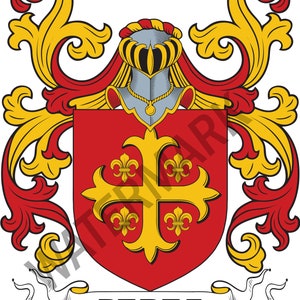 Könnte beinhalten: Ein rotes und goldenes Wappen mit einem Helm und einem Kreuz mit Lilien. Der Name "PEREZ" ist auf einem Banner unter dem Wappen geschrieben.