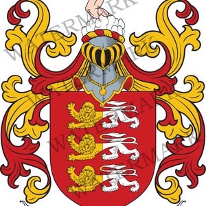 Könnte beinhalten: Ein rotes und goldenes heraldisches Wappen mit drei goldenen Löwen auf einem roten Feld. Das Wappen ist umgeben von einem goldenen und roten Helmzier mit einem Helm und einem Schwert. Der Text "O'BRIEN" wird auf einem weißen Banner unter dem Wappen angezeigt.
