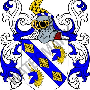 May include: A blue and gold heraldic crest with two unicorns and a banner reading "SMITH".