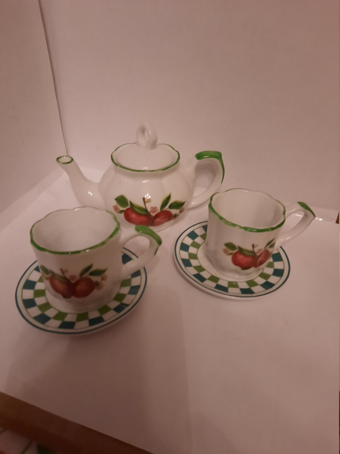 Delton Miniature Tea Set with Green Trim and Apples Etsy