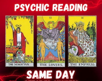 May include: A red background with lightning bolts and the text "ONE QUESTION PSYCHIC READING" in white. Three tarot cards are displayed: The Magician, The Lovers, and The Empress. The text "SAME DAY DETAILED ANSWER!" is below the cards.