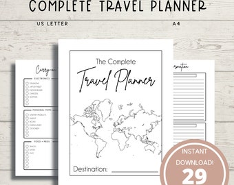 Könnte beinhalten: Ein schwarz-weißer druckbarer Reiseplaner mit einer Weltkarte, dem Text "The Complete Travel Planner" und den Worten "Destination:" und "Sofort-Download! 29 Seiten insgesamt".