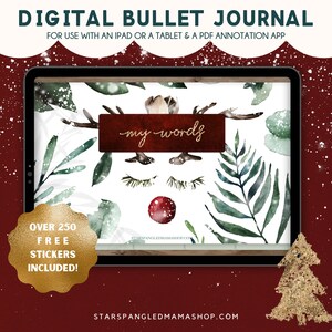May include: Digital bullet journal with a reindeer illustration and the text "my words" on a white background. Over 250 free stickers are included. The journal is for use with an iPad or tablet and a PDF annotation app.