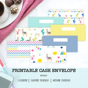 Llama / Cactus Themed Cash Envelopes, Horizontal Cash Envelopes, Zigzag, Budget Envelopes System, Set of 7, PDF