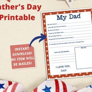 Father's Day Gift, My Dad Printable, Instant Download, Dad Day Printable, Patriotic Dad, Gift For Dad, US Letter size- Can print A4 and A5