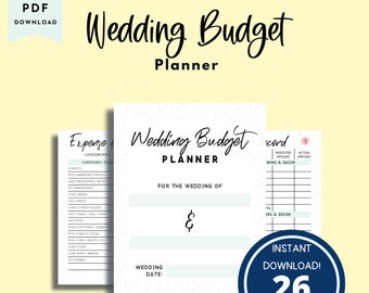 Puede incluir: Un planificador de presupuesto de boda imprimible con un esquema de color azul claro y blanco. El planificador incluye secciones para la ceremonia, las flores, la comida, las bebidas y más. También incluye una sección para realizar un seguimiento de los gastos y una sección para realizar un seguimiento de los costos reales. El planificador tiene 26 páginas y está disponible para descarga instantánea.