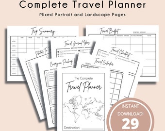 Puede incluir: Un planificador de viajes imprimible de 29 páginas, que incluye un mapa del mundo, un resumen del viaje, una lista de empaque, un presupuesto de viaje, una lista de verificación de viaje y un calendario de viaje. El planificador está diseñado para ayudarte a planificar tu próximo viaje.
