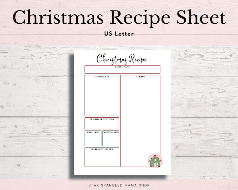Printable Christmas Recipe Sheet, Printable Holiday Recipe Sheet ...