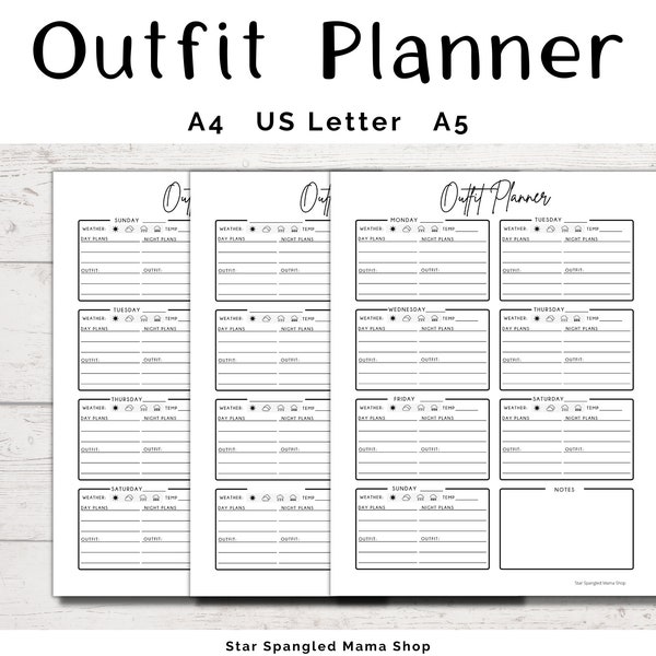 Outfit Planner sheets, Vacation Outfit Planner, Work Outfit Planner, School Outfit Planner, Plan your outfit for the week, US Letter, A4, A5