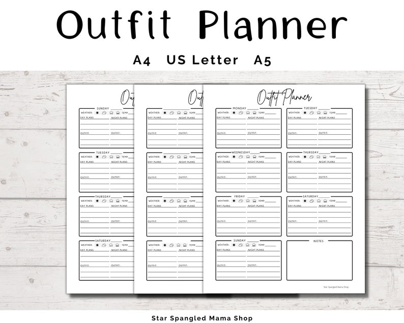 Outfit Planner sheets, Vacation Outfit Planner, Work Outfit Planner, School Outfit Planner, Plan your outfit for the week, US Letter, A4, A5 image 1