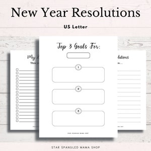 Puede incluir: Planificador de resoluciones de Año Nuevo imprimible con tres secciones: Top 3 Goals For, My Resolutions This Year y Resolutions 10...