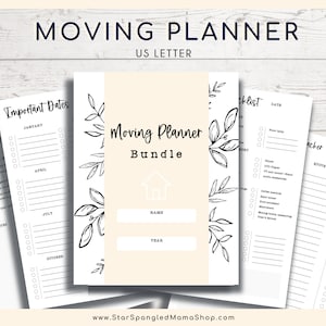 May include: A printable moving planner bundle with checklists and important dates. The planner has a floral design and is in US letter size.
