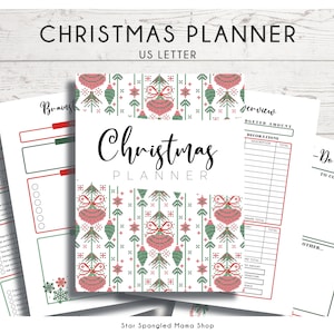 May include: A printable Christmas planner with a festive red and green pixelated pattern. The planner includes sections for budgeting, decorations, a to-do list, and a grocery list.