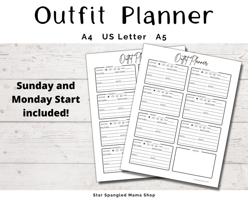 Outfit Planner sheets, Vacation Outfit Planner, Work Outfit Planner, School Outfit Planner, Plan your outfit for the week, US Letter, A4, A5 image 2