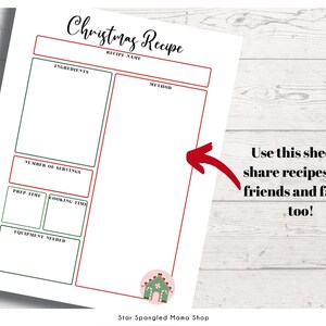 Printable Christmas Recipe Sheet, Printable Holiday Recipe Sheet ...