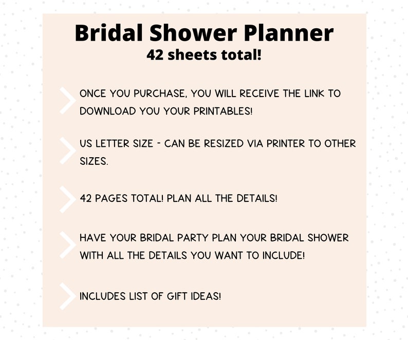 Puede incluir: Un planificador de ducha nupcial imprimible con 42 p&aacute;ginas. El planificador incluye una lista de ideas de regalos e instrucciones para planificar la ducha. El texto en la imagen dice "Bridal Shower Planner 42 sheets total!"