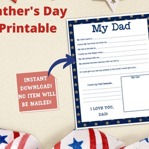 Father's Day Gift, My Dad Printable, Instant Download, Dad Day Printable, Patriotic Dad, Gift For Dad, US Letter size- Can print A4 and A5