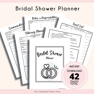 Puede incluir: Planificador de ducha nupcial imprimible en blanco y negro con 42 p&aacute;ginas. El planificador incluye secciones para comunicaci&oacute;n, deberes y responsabilidades, planificador de papeler&iacute;a, lista de invitados y detalles del lugar. La portada presenta una simple ilustraci&oacute;n de dos anillos entrelazados con un coraz&oacute;n.