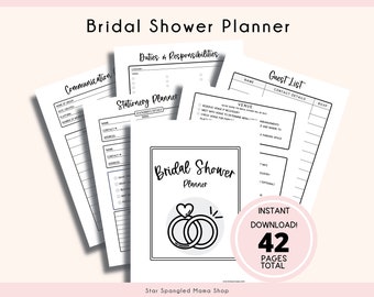 May include: Black and white printable bridal shower planner with 42 pages. The planner includes sections for communication, duties and responsibilities, stationery planner, guest list, and venue details. The cover features a simple illustration of two interlocking rings with a heart.