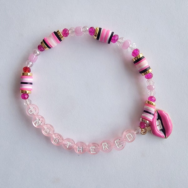 Pretty Pink Lips Unbothered Beaded Word Bracelet, Heishi Clay Bead Bracelet, Stackable Stretch Bracelet, Intention Bracelet, Charm Bracelet