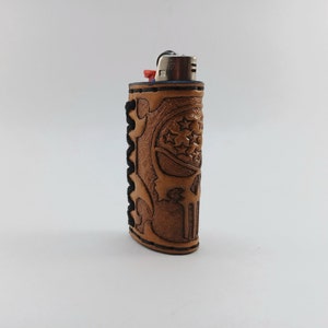 Handmade, Antique Chestnut, leather BIC lighter case- Punisher Skull and stars design